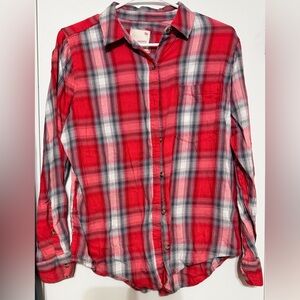 SO Women's Red and Gray Plaid Button Down Shirt